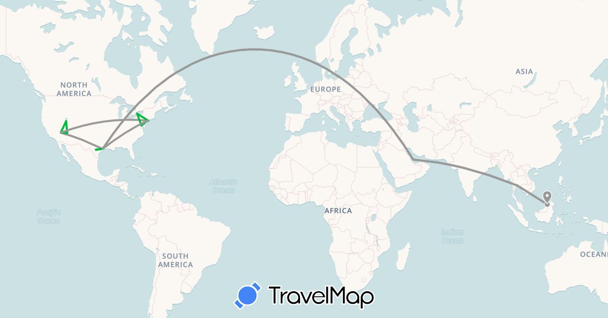 TravelMap itinerary: driving, bus, plane in Brunei, Qatar, Thailand, United States (Asia, North America)